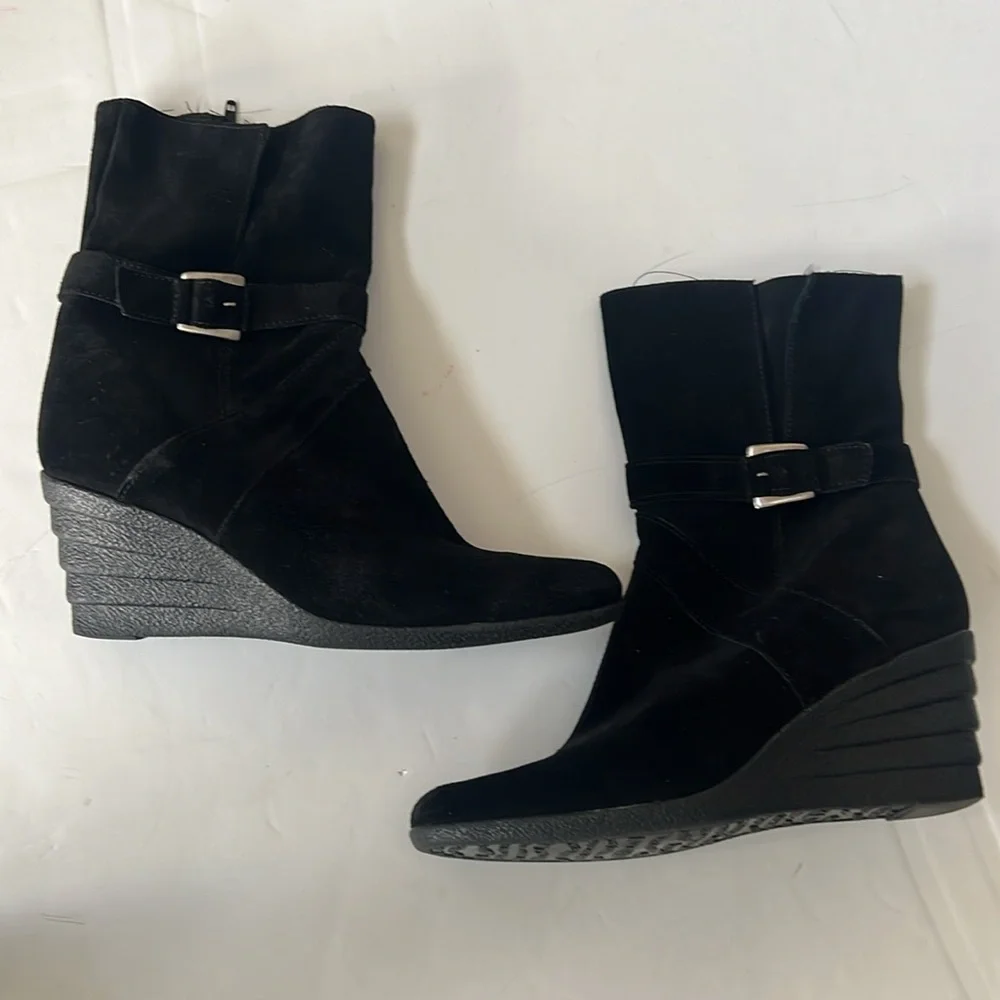 Anne Klein Black Suede Zippered Side Wedged Heel Boots